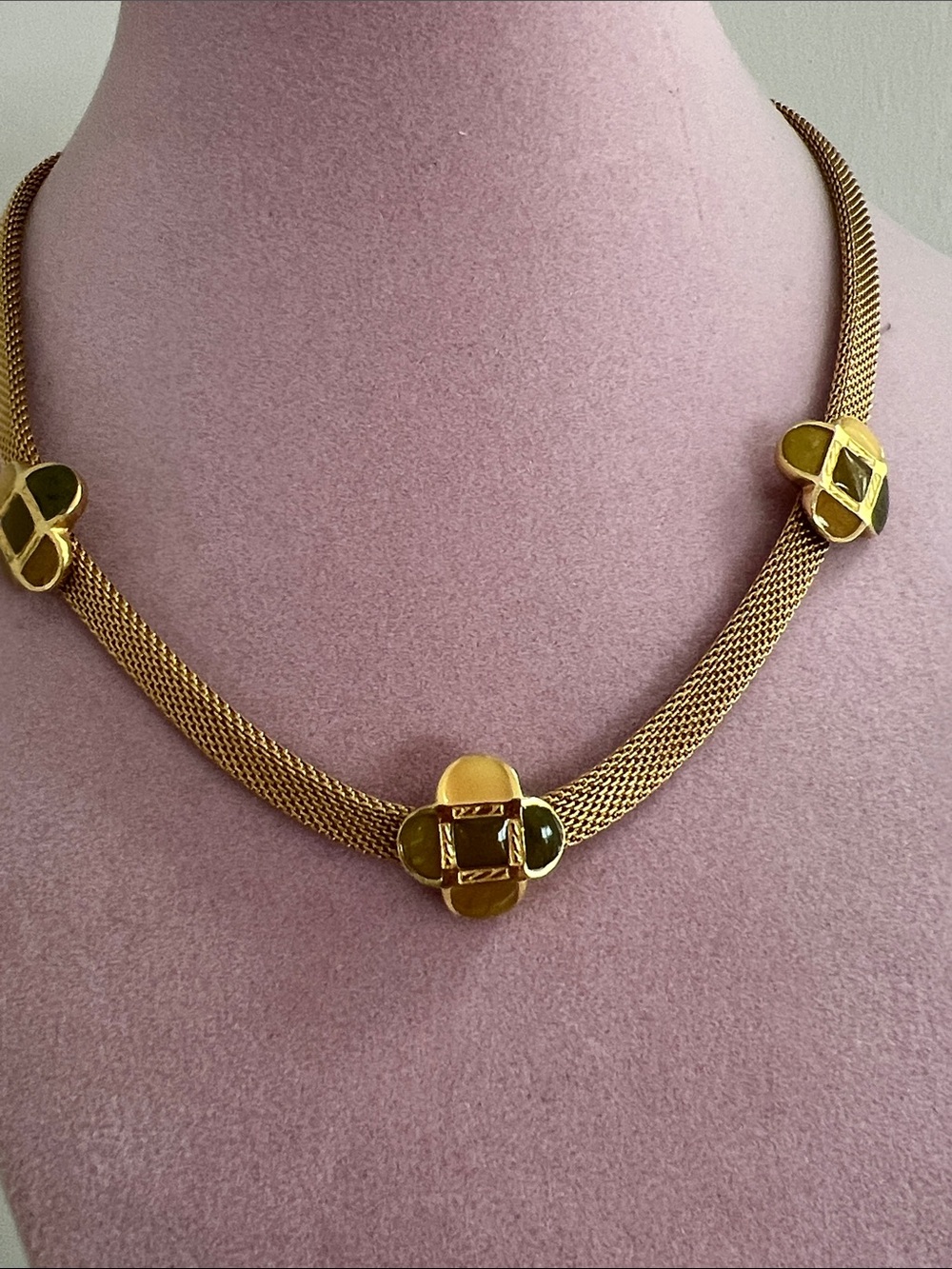 Gold-Tone Mesh Necklace with Clover Accents